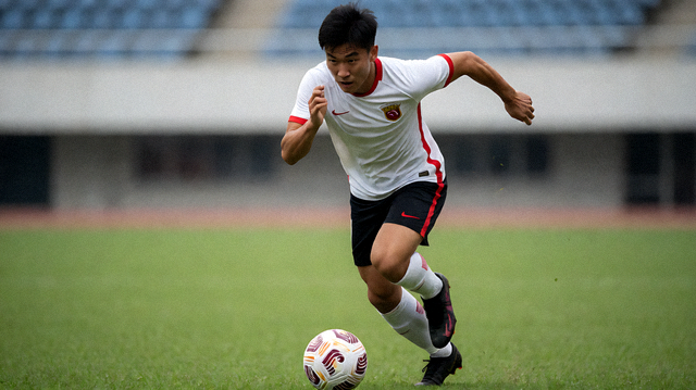 足球运动员带球高速推进的比赛特写