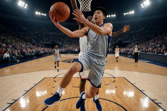 NBA篮球比赛中球员突破上篮的激烈对抗画面
